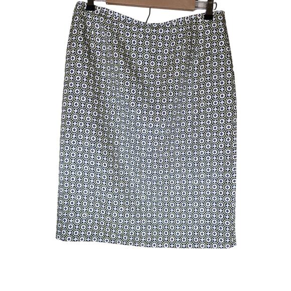 TALBOTS Blue Black Beige Geometric Design Silk Wool Blend Below Knee Skirt SZ 12 - Picture 1 of 8